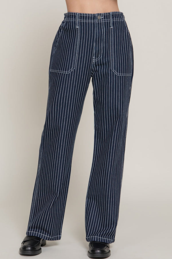 Stripe Stretch Denim Straight Pants - | SmartBuyApparel