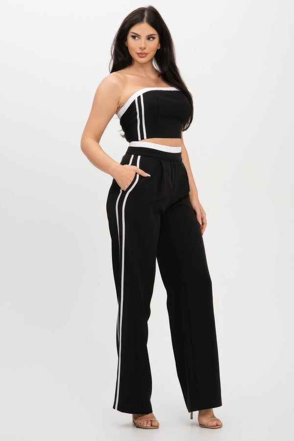 Stripe Tapping Contrast Elastic Band Toppants Set - Women's set - SmartBuyApparel
