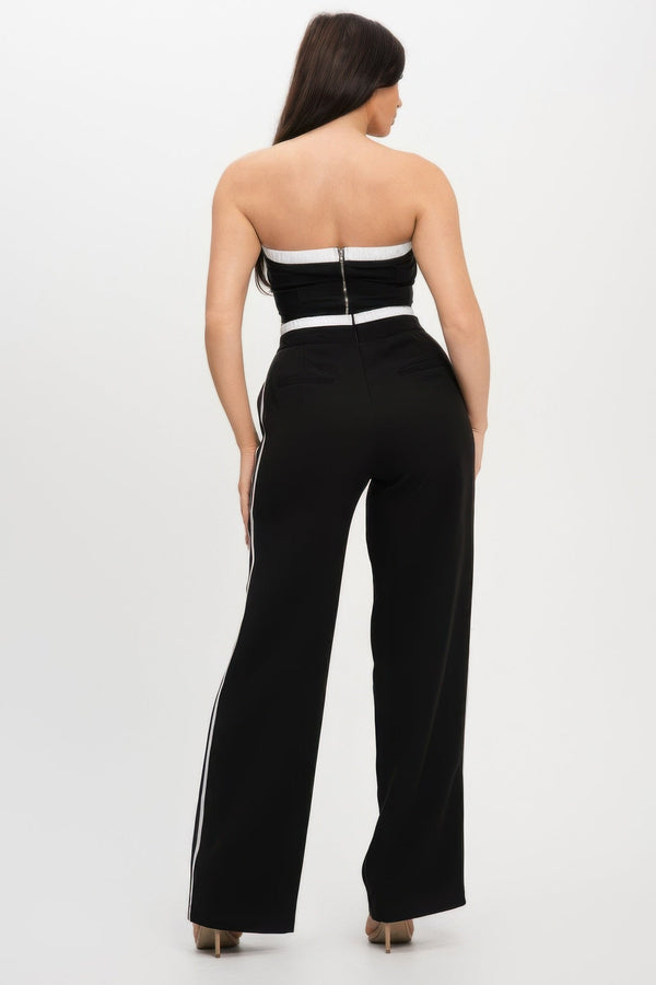 Stripe Tapping Contrast Elastic Band Toppants Set - Women's set - SmartBuyApparel