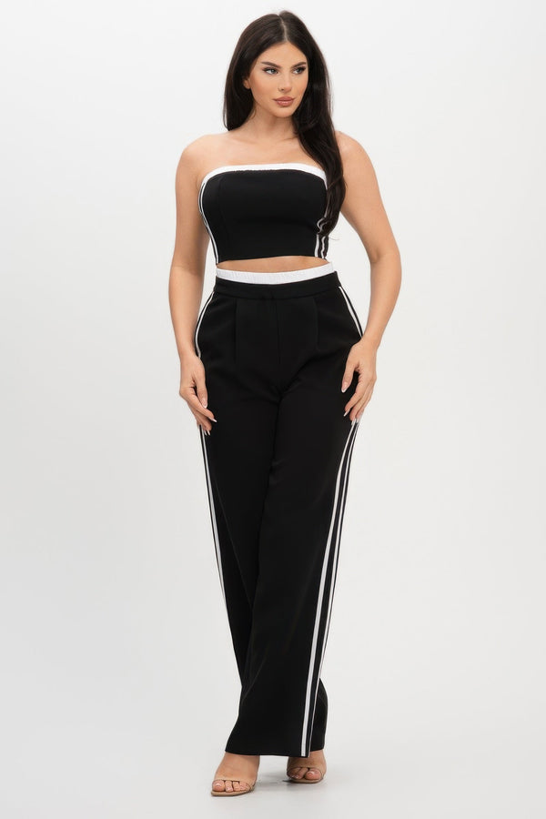 Stripe Tapping Contrast Elastic Band Toppants Set - Women's set - SmartBuyApparel
