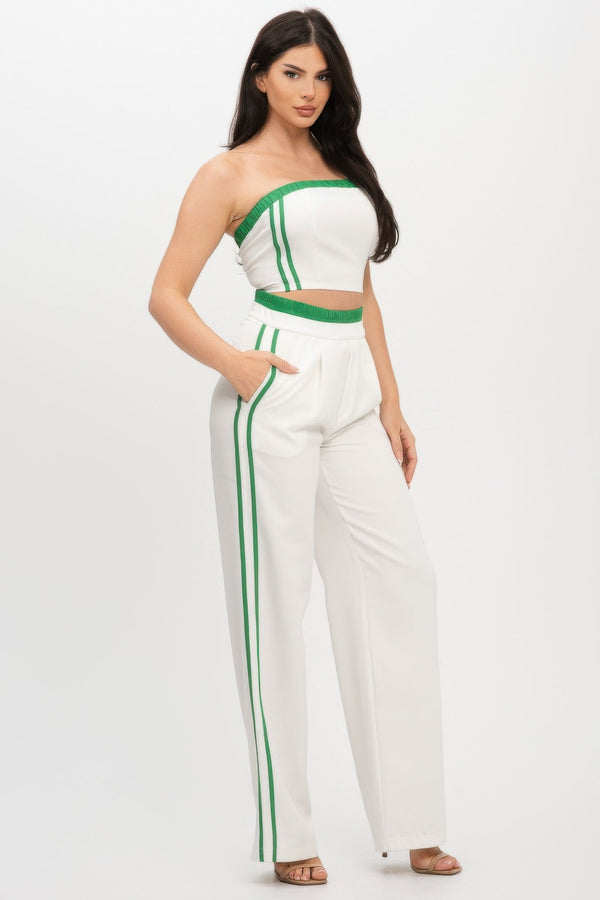 Stripe Tapping Contrast Elastic Band Toppants Set - Women's set - SmartBuyApparel