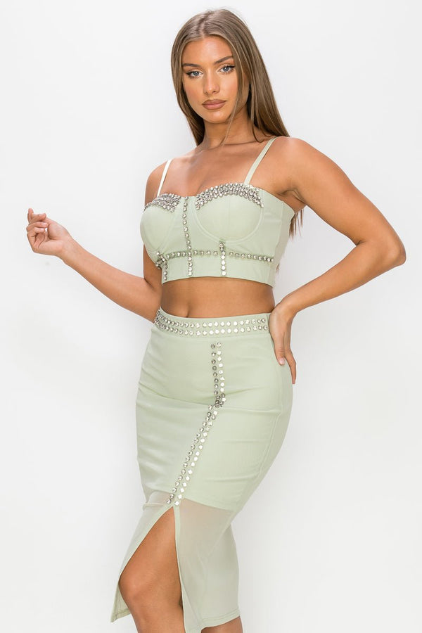 Studded Stone Cami Top & Slit Mini Skirts Set - Women's set - SmartBuyApparel