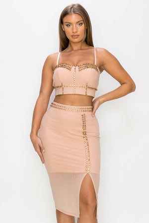 Studded Stone Cami Top & Slit Mini Skirts Set - Women's set - SmartBuyApparel