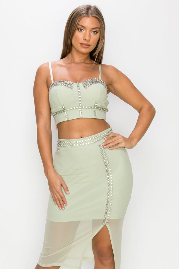 Studded Stone Cami Top & Slit Mini Skirts Set - Women's set - SmartBuyApparel