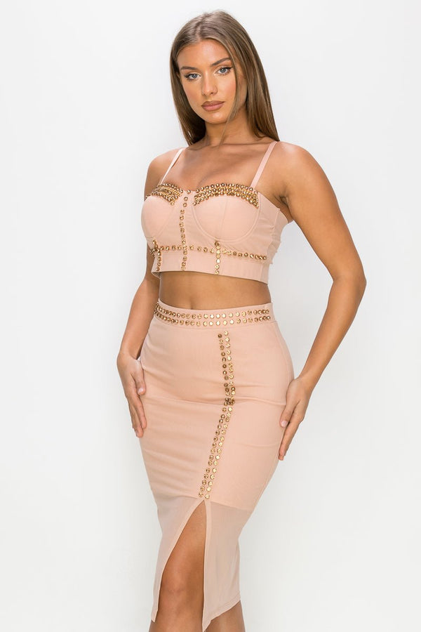 Studded Stone Cami Top & Slit Mini Skirts Set - Women's set - SmartBuyApparel