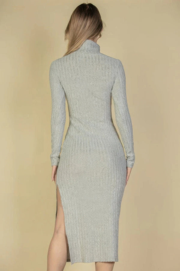 Sweater - knit Fuzzy Turtle Neck Split Thigh Dress - Dress - SmartBuyApparel