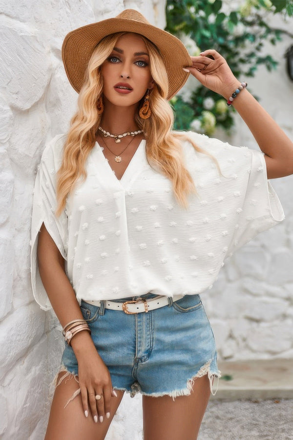 Swiss Dot V Neck Loose Half Sleeve Blouse - | SmartBuyApparel