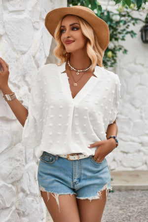 Swiss Dot V Neck Loose Half Sleeve Blouse - | SmartBuyApparel