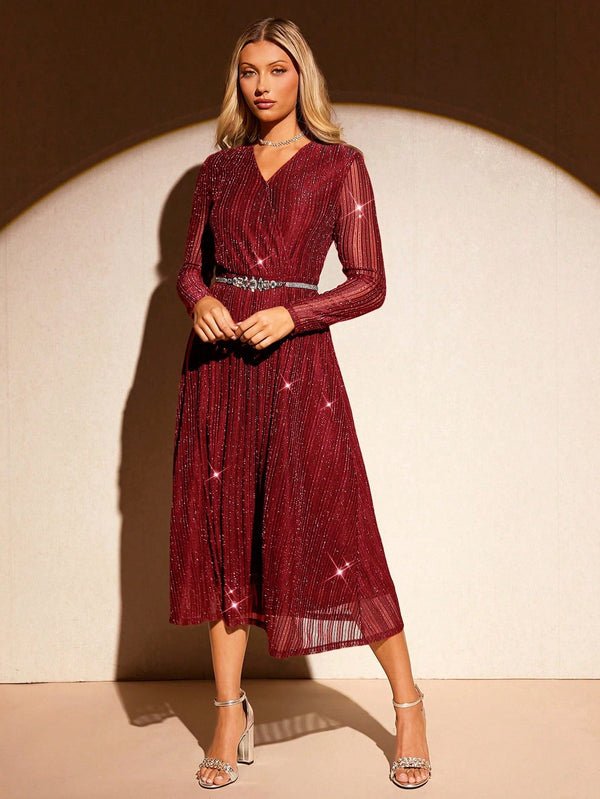 TAMIR V - Neck Long Sleeve A - Line Lurex Fabric Midi Dress - SmartBuyApparel - Women Midi Dresses