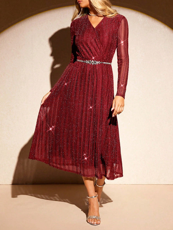 TAMIR V - Neck Long Sleeve A - Line Lurex Fabric Midi Dress - SmartBuyApparel - Women Midi Dresses