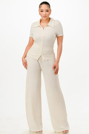 Textured Polo Top And Pants Set - | SmartBuyApparel