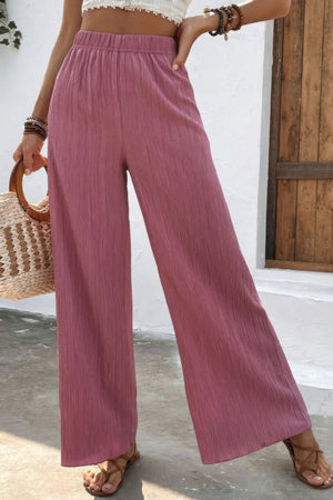 Textured Wide Leg Palazzo Pants - | SmartBuyApparel