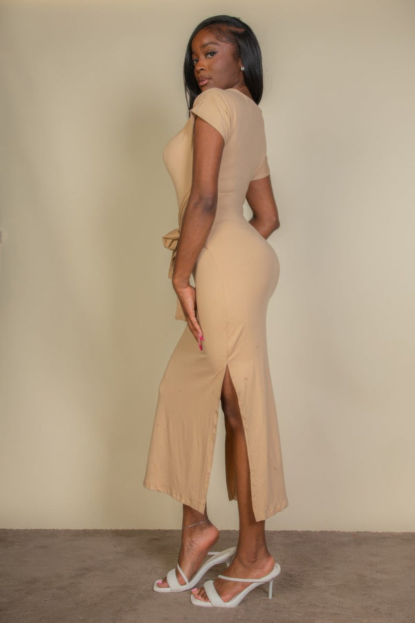 Tie Front Short Sleeve Side Slit Dress - Dress - SmartBuyApparel