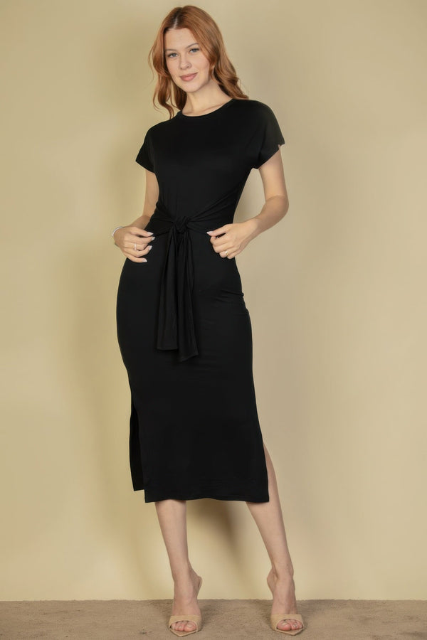 Tie Front Short Sleeve Side Slit Dress - Dress - SmartBuyApparel