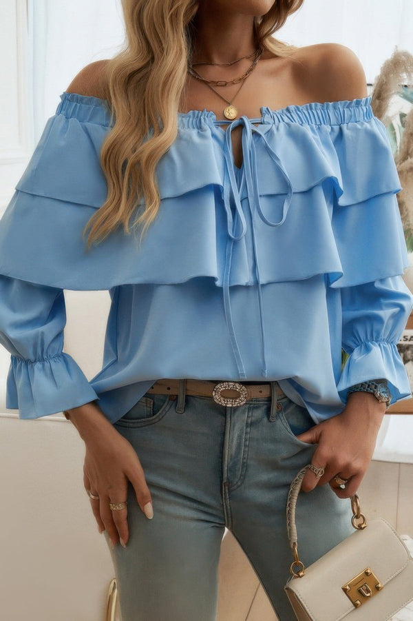 Tiered Ruffles Drawstring Ruched Neck Blouse - | SmartBuyApparel