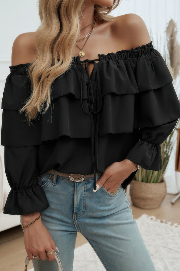 Tiered Ruffles Drawstring Ruched Neck Blouse - | SmartBuyApparel