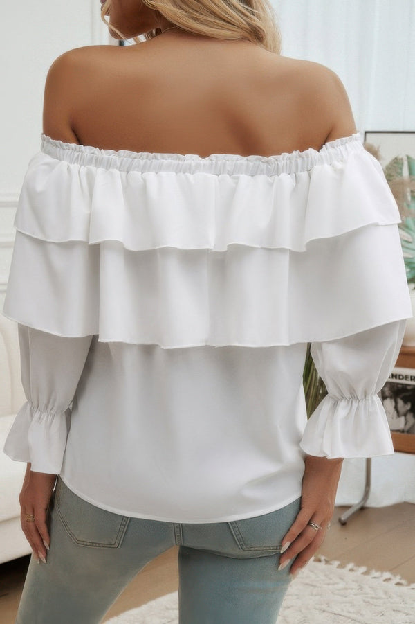 Tiered Ruffles Drawstring Ruched Neck Blouse - | SmartBuyApparel
