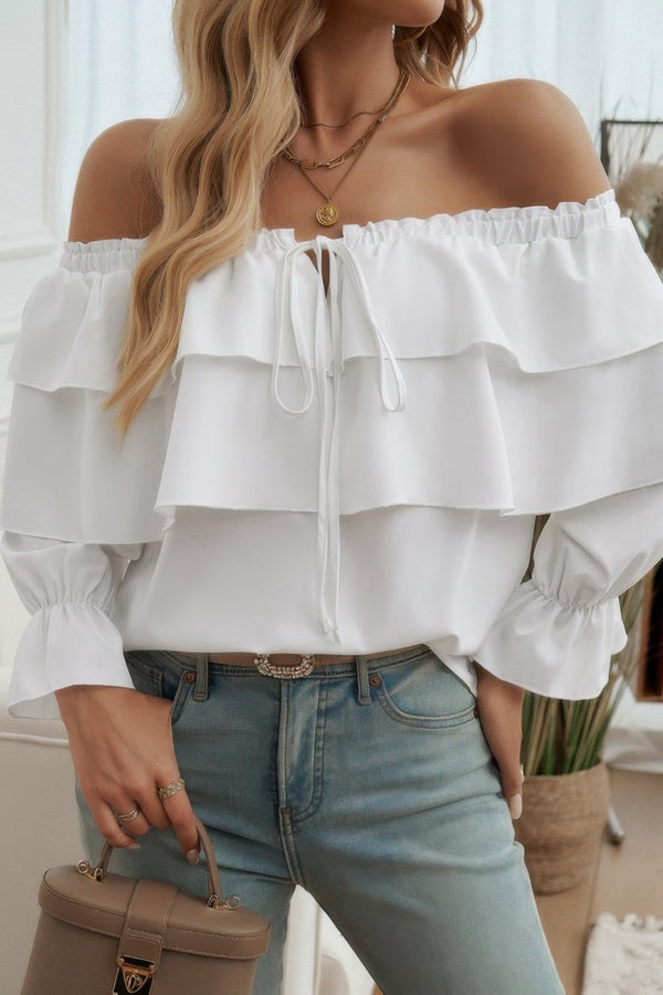 Tiered Ruffles Drawstring Ruched Neck Blouse - | SmartBuyApparel