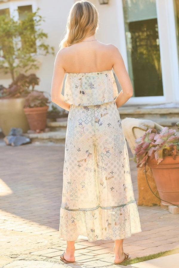 Tube Top With Tier Ruffle Waist Elastic Bottom Lace Trim Jumpsuit - Jumpsuit - SmartBuyApparel