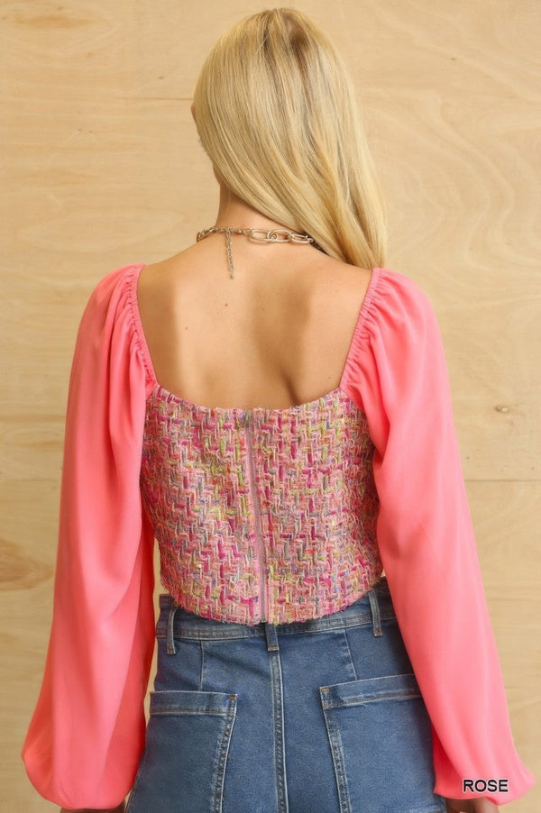 Tweed Bodice And Chiffon Square Top With Back Zipper - Women's top - SmartBuyApparel