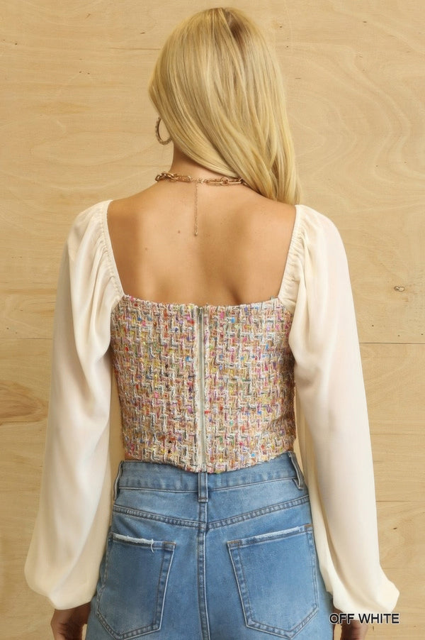 Tweed Bodice And Chiffon Square Top With Back Zipper - Women's top - SmartBuyApparel