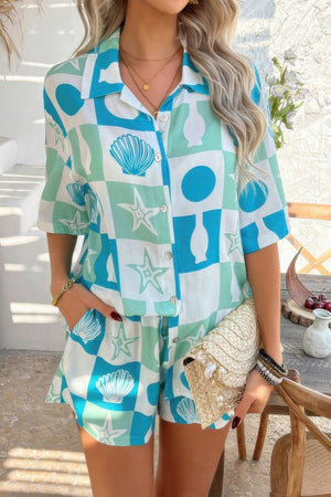 Two Pieces All Over Print Button Down Short Sets - | SmartBuyApparel