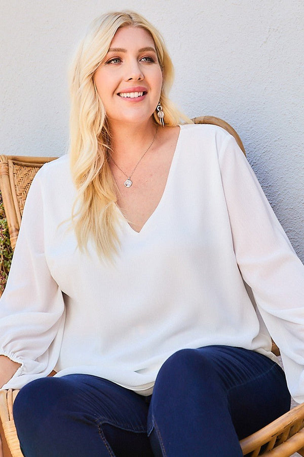 V - Neck Bubble Sleeve Solid Top - Women's top - SmartBuyApparel