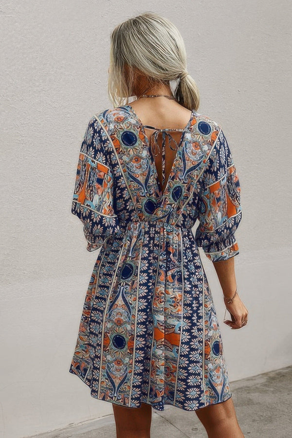 V Neck Half Sleeve Graphic Swing Dress - | SmartBuyApparel