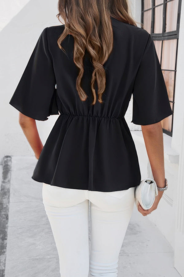 V Neck Peplum Tie Front Short Bell Sleeve Shirt - | SmartBuyApparel