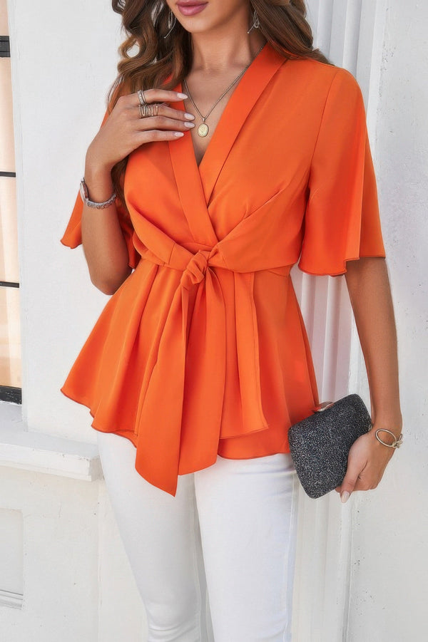 V Neck Peplum Tie Front Short Bell Sleeve Shirt - | SmartBuyApparel