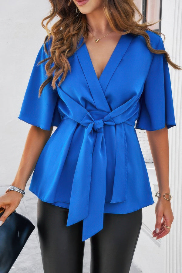 V Neck Peplum Tie Front Short Bell Sleeve Shirt - | SmartBuyApparel