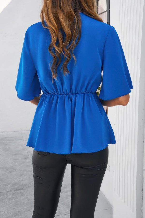 V Neck Peplum Tie Front Short Bell Sleeve Shirt - | SmartBuyApparel