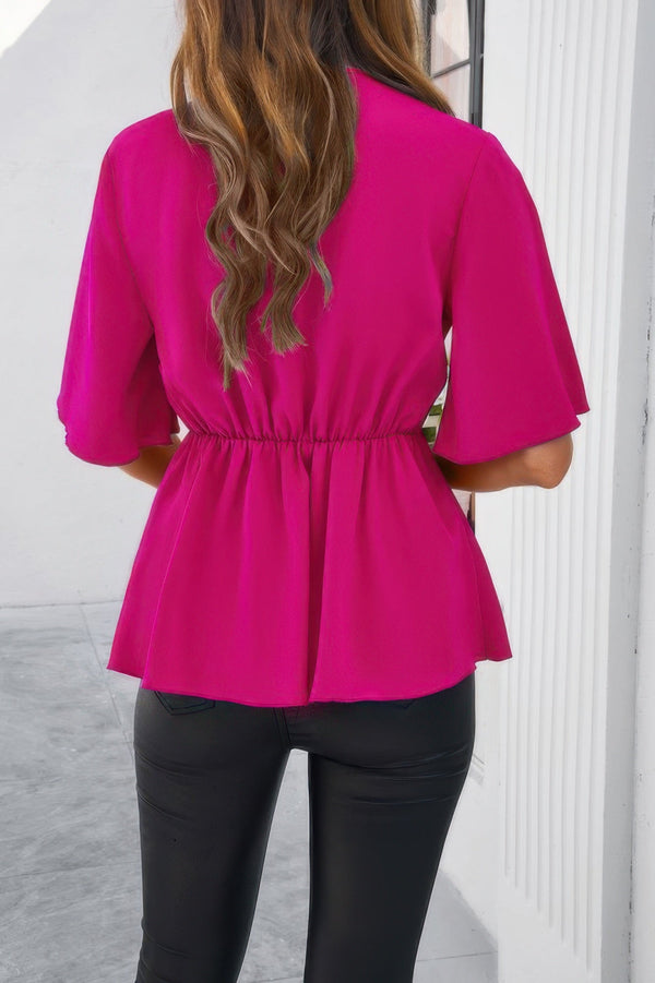 V Neck Peplum Tie Front Short Bell Sleeve Shirt - | SmartBuyApparel