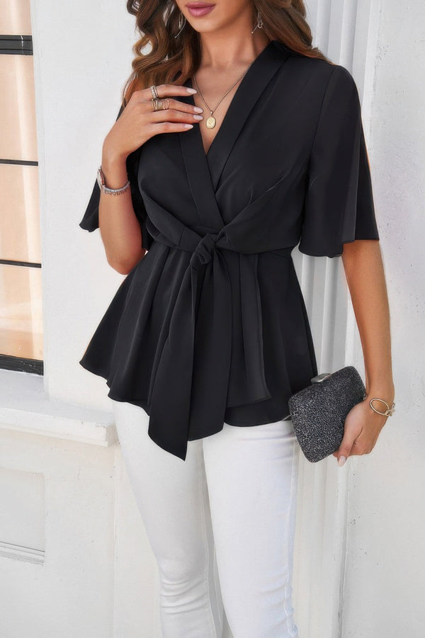 V Neck Peplum Tie Front Short Bell Sleeve Shirt - | SmartBuyApparel