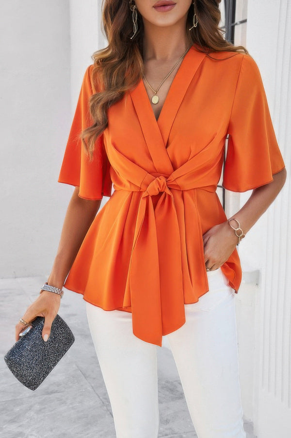 V Neck Peplum Tie Front Short Bell Sleeve Shirt - | SmartBuyApparel