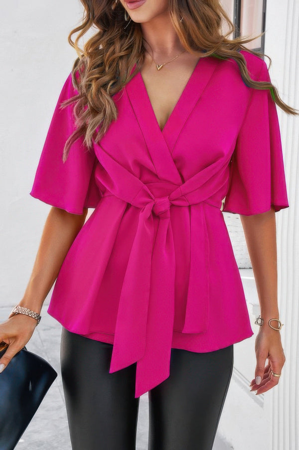 V Neck Peplum Tie Front Short Bell Sleeve Shirt - | SmartBuyApparel