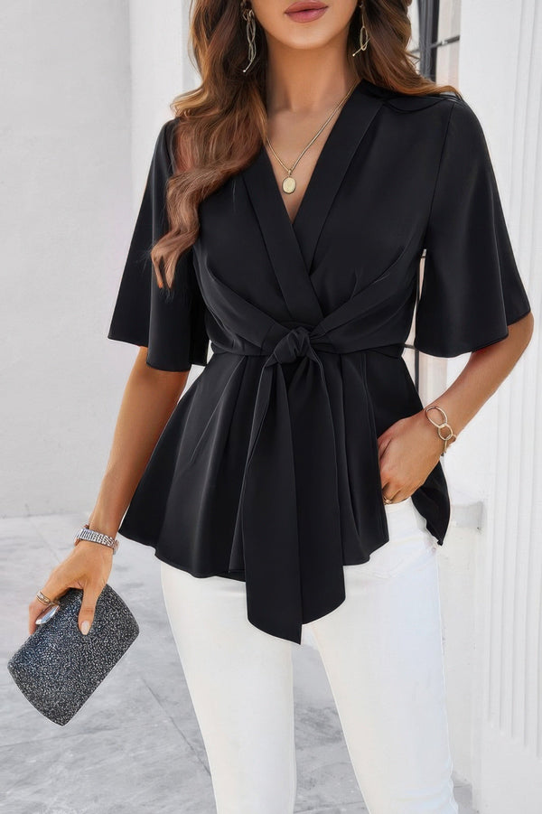 V Neck Peplum Tie Front Short Bell Sleeve Shirt - | SmartBuyApparel
