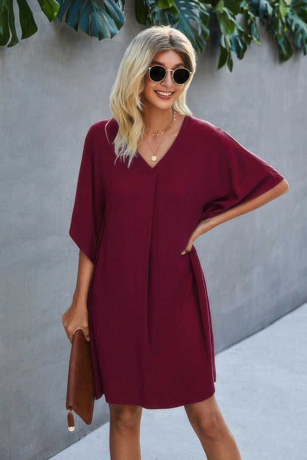 V Neck Solid Short Sleeve Dress - | SmartBuyApparel