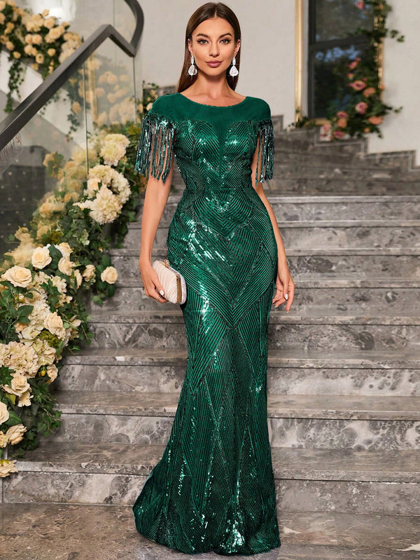 Fringe Trim Mermaid Hem Sequin Formal Dress (Dark Green)