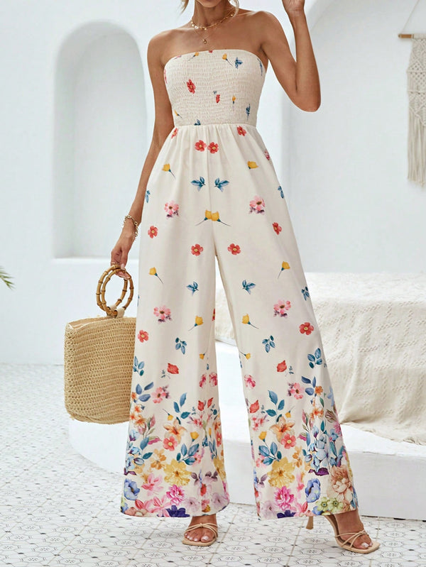 VCAY Floral Print Tube Wide Leg Jumpsuit - SmartBuyApparel - Women Jumpsuits