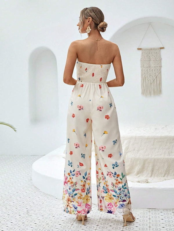 VCAY Floral Print Tube Wide Leg Jumpsuit - SmartBuyApparel - Women Jumpsuits