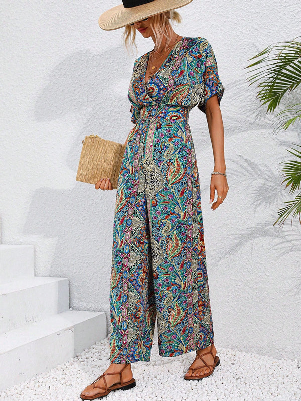 VCAY Full Printed Batwing Sleeve Jumpsuit - SmartBuyApparel - Women Jumpsuits