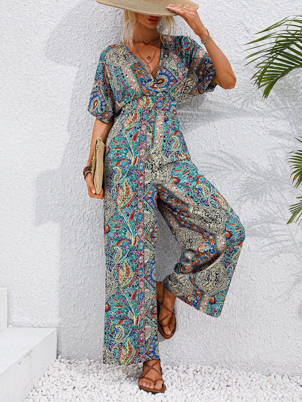 VCAY Full Printed Batwing Sleeve Jumpsuit - SmartBuyApparel - Women Jumpsuits