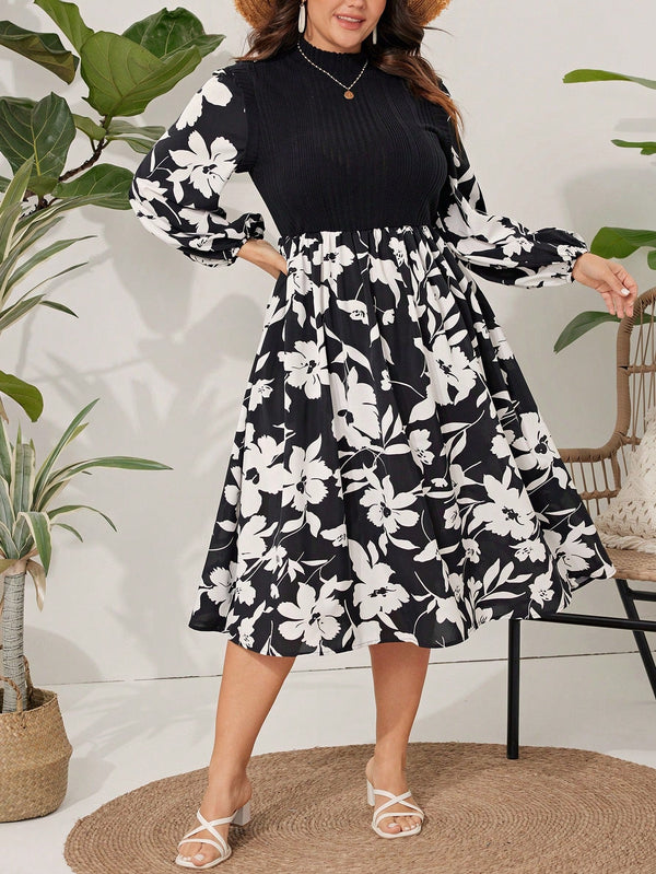 VCAY Plus Size Floral Printed Spliced Lantern Sleeve Dress - SmartBuyApparel - Plus Size Dresses