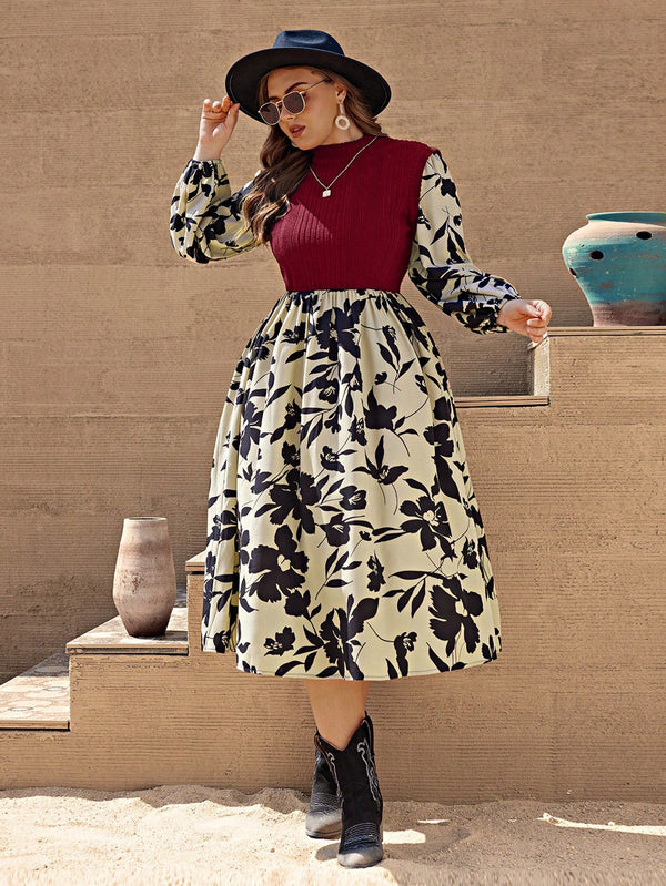 VCAY Plus Size Floral Printed Spliced Lantern Sleeve Dress - SmartBuyApparel - Plus Size Dresses