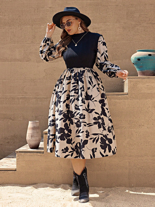 VCAY Plus Size Floral Printed Spliced Lantern Sleeve Dress - SmartBuyApparel - Plus Size Dresses