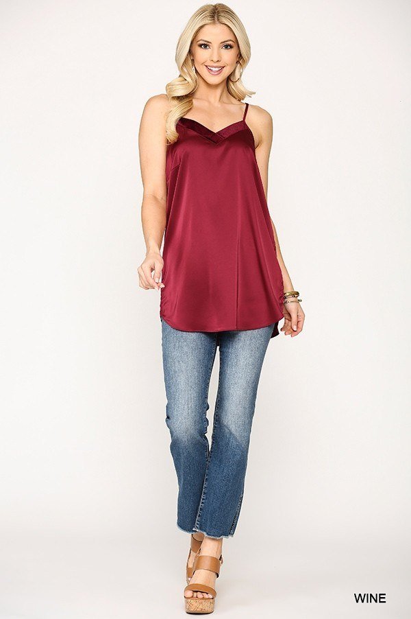 Velvet Mixed Adjustable Strap Round Hem Camisole - Camisole - SmartBuyApparel