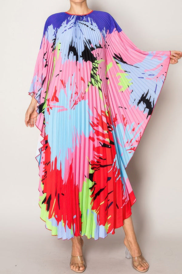 Vibrant Abstract Pleated Caftan Style Dress - | SmartBuyApparel