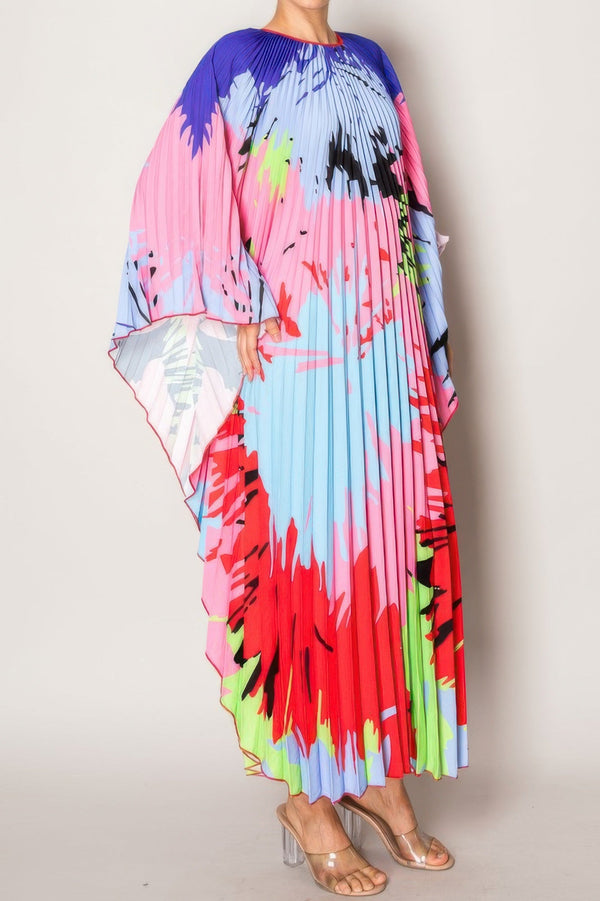 Vibrant Abstract Pleated Caftan Style Dress - | SmartBuyApparel