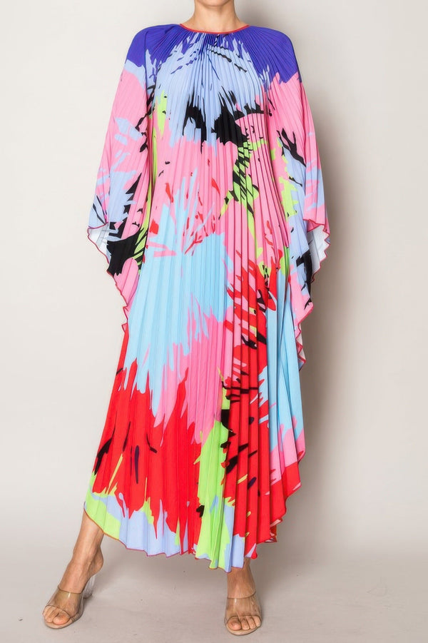 Vibrant Abstract Pleated Caftan Style Dress - | SmartBuyApparel